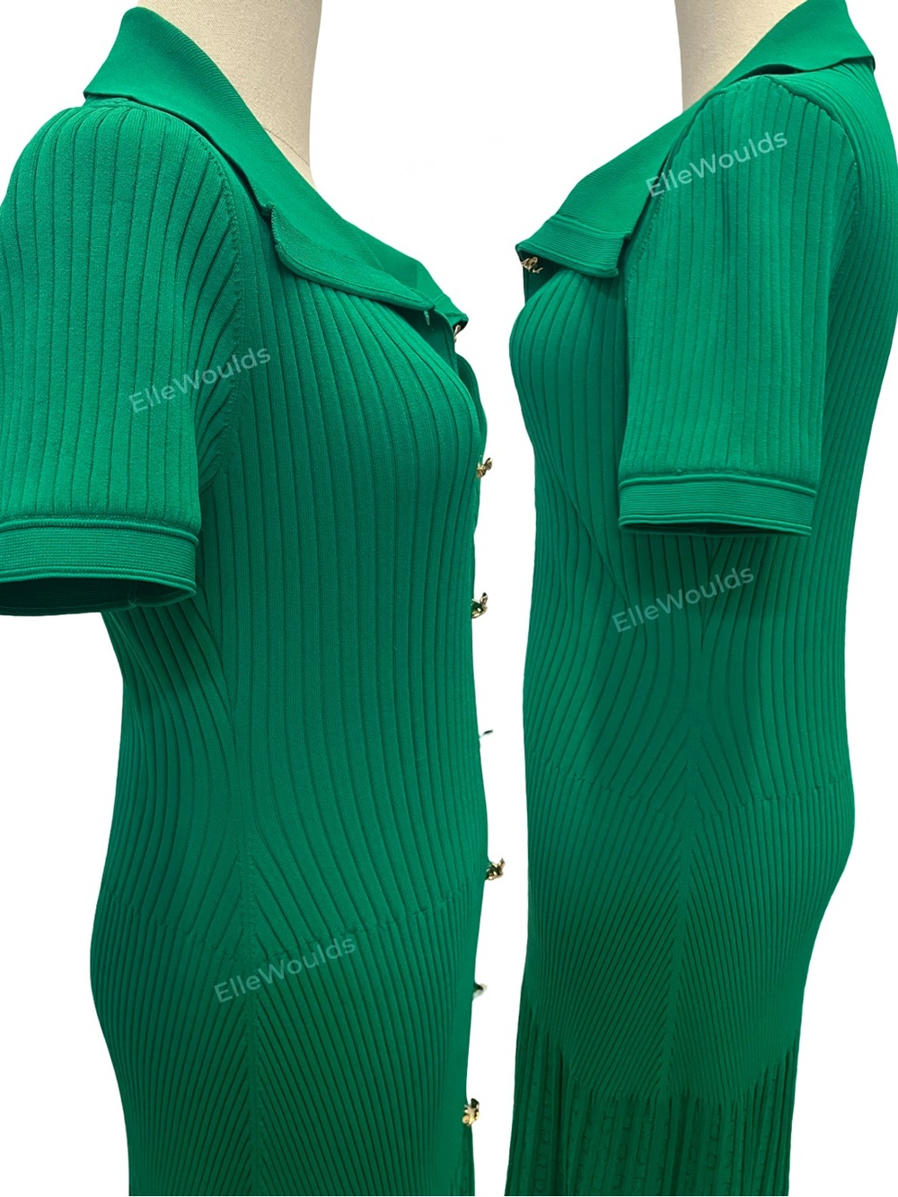 Sandro Lorel Dress Green Ribbed Button-Front Polo Midi Size US 8 FR 40 - Picture 10 of 12